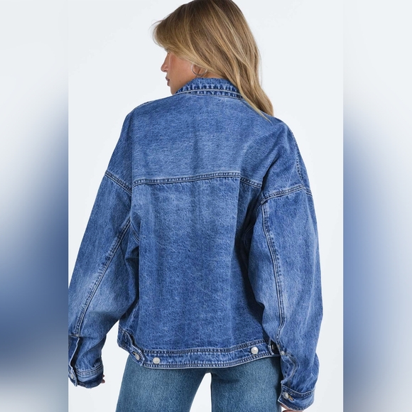 Oversized Denim Jacket Button-Up Collared Retro 90s Boyfriend Heavy Blue Jean - Picture 3 of 16